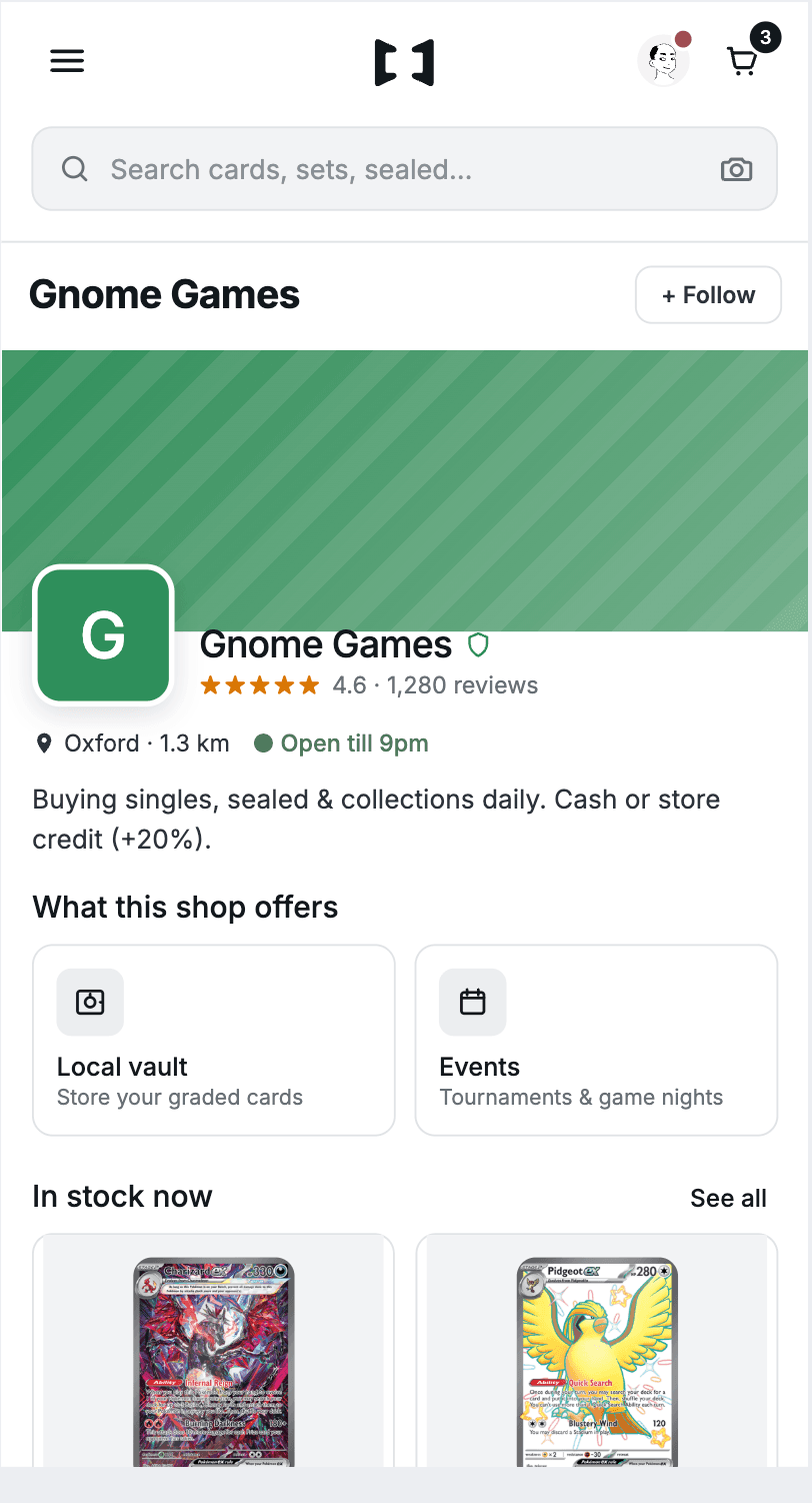 Local game shop storefront on mobile — Gnome Games, 4.6 stars from 1,280 reviews, Oxford 1.3km away, open till 9pm, with local vault and events cards and an in-stock-now row.